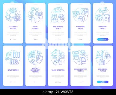 Clinical trials blue gradient onboarding mobile app screen set Stock Vector