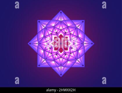 Purple lotus flower mandala, Seed of life symbol Sacred Geometry. Logo icon  Geometric mystic mandala of alchemy esoteric Flower. Vector light neon Stock Vector
