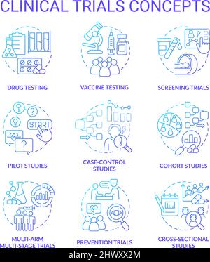 Clinical trials blue gradient concept icons set Stock Vector