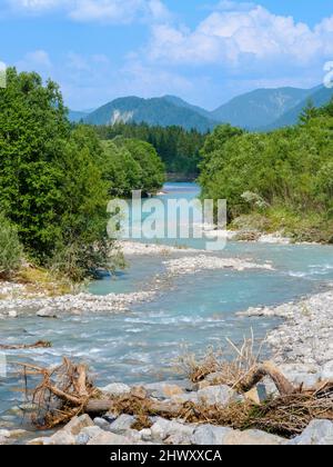 River Isar near Sylvenstein reservoir close to village Fall in the Karwendel Mountains. Europe, Germany, Bavaria Stock Photo