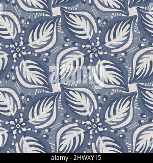 French blue botanical leaf linen seamless pattern with 2 tone country cottage style motif. Simple vintage rustic fabric textile effect. Primitive Stock Photo