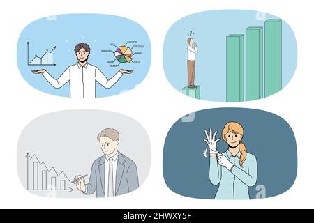 Set of businesspeople charts and graphs work in banking field. Collection of men and women analysts or bankers brainstorm over financial diagrams. Finance concept. Vector illustration.  Stock Vector