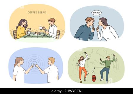 Set of happy millennial man and woman dating relaxing having fun together. Collection of smiling couple enjoy leisure weekend rest and talk. Friendship and relationship. Vector illustration.  Stock Vector