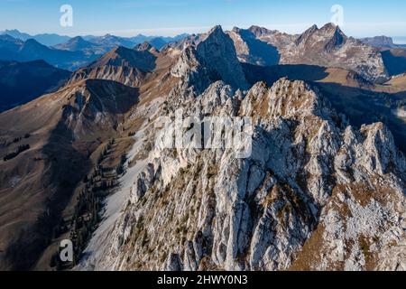 Aerial view of part of the rock formation known as Gastlosen, near Jaun, Canton Fribourg, Switzerland, during a clear, sunny day. High quality photo Stock Photo