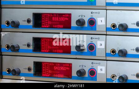 Audio and video control panel with LCD display for broadcasting. Selective focus Stock Photo