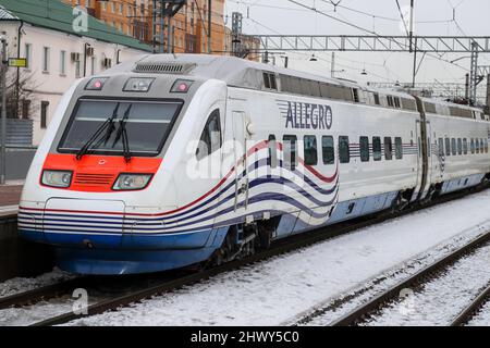 St. Petersburg, Russia. 08th Mar, 2022. An Allegro express train stands at Finlyandsky station in St. Petersburg before departing for Helsinki, Finland. Finnish Railways has to expand its train service from St. Petersburg, Russia, to the capital Helsinki because more and more Russians want to leave their country. Credit: Stringer/dpa/Alamy Live News Stock Photo