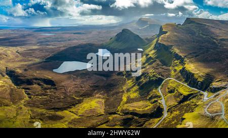Aerial view from drone of Trotternish Ridge from the Quiraing in the Isle of Skye, Scotland, UK Stock Photo