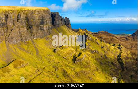 Aerial view from drone of Trotternish Ridge from the Quiraing in the Isle of Skye, Scotland, UK Stock Photo