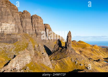 Aerial view from drone of  Old Man of Storr on Trotternish peninsula on the Isle of Skye, Scotland, UK Stock Photo
