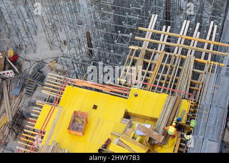 timber formwork beams on scaffolding Stock Photo