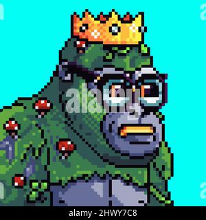 Galactic apes pixel art NFT character. 16 bit gorilla wearing costume and accessories. Vibrant colorful animal game asset. Avatar vector illustration Stock Vector