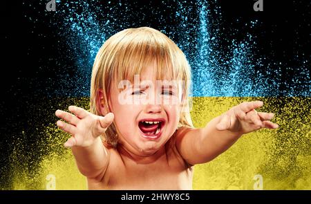 Conceptual collage with crying little kid shouting, asking for help isolated on blue and yellow colors of Ukrainian flag background. Stop war, save Stock Photo