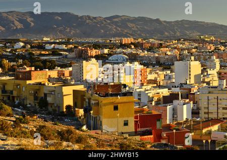 Residential suburb and city of Almeria in Andalusia southern Spain. Arid Sierra de Alhamilla mountains in background. Stock Photo