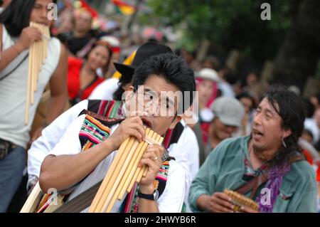 Bolivian street musicians playing Siku pipes at the Carnaval del Pueblo 2008 in Walworth London UK. Stock Photo