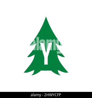Pine Tree Logo Design On Letter Y Template. Pine Tree Hotel Resort Wood Park Logo Design Stock Vector
