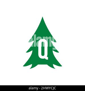 Pine Tree Logo Design On Letter Q Template. Pine Tree Hotel Resort Wood Park Logo Design Stock Vector