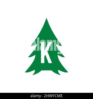 Pine Tree Logo Design On Letter K Template. Pine Tree Hotel Resort Wood Park Logo Design Stock Vector