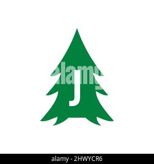 Pine Tree Logo Design On Letter J Template. Pine Tree Hotel Resort Wood Park Logo Design Stock Vector
