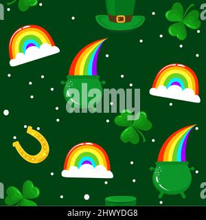 Saint Patrick's Day pattern with green hats. Irish leprechaun shenanigans lucky charm clover funny quote. Kiss me, I am Irish. Colorful print for post Stock Vector