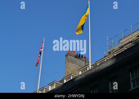 London, UK. 8th Mar, 2022. The Ukrainian and British flag fly over No 10 Downing Street in Solidarity with Ukraine. Credit: Uwe Deffner/Alamy Live News Stock Photo