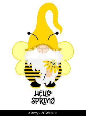 Cute Spring bee gnome - hand drawn modern gnome  illustration. Perfect for advertising, poster, announcement or greeting card. Beautiful gnome in Hone Stock Vector