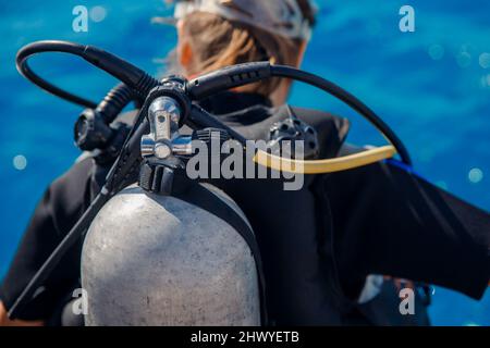 Close-up of diving equipment oxygen cylinder for underwater. Stock Photo