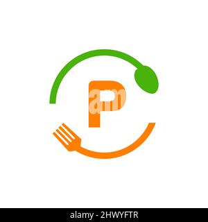 Restaurant Logo Design On Letter P With Spoon And Fork Concept Template. Cooking Logo, Bbq Sign, Grill Fork With P Letter Vector Stock Vector