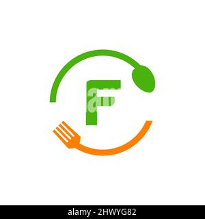 Restaurant Logo Design On Letter F With Spoon And Fork Concept Template. Cooking Logo, Bbq Sign, Grill Fork With F Letter Vector Stock Vector