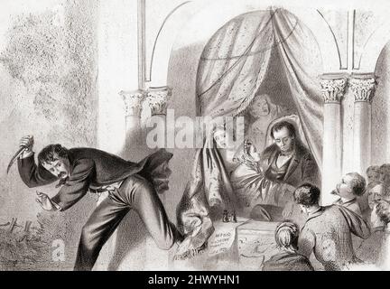 The assassination on April 14, 1865 of President Abraham Lincoln by John Wilkes Booth in Ford's Theatre, Washington, during the play Our American Cousin.  After shooting Lincoln Booth leapt from the presidential box onto the stage to make his escape.  After a contemporary illustration. Stock Photo