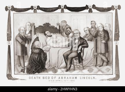The death of President Abraham Lincoln on April 15, 1865, the morning after he was shot by John WIlkes Booth in Ford's Theatre, Washington.  After a contemporary illustration. Stock Photo