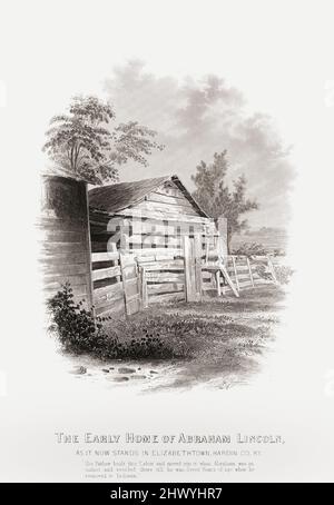 The early home of Abraham Lincoln in Elizabethtown, Kentucky, United States of America.  After an etching by John Chester Buttre circa 1860.  Lincoln's family moved to this home at Knob Creek Farm when Abraham was two years old and they lived there until he was seven. Stock Photo