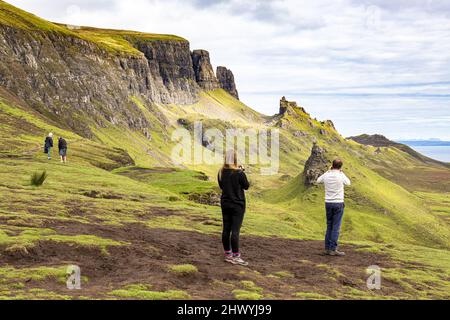 Soil erosion and tourists on the The Quiraing Walk in the north of the Isle of Skye, Highland, Scotland UK. Stock Photo