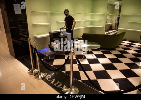 Moscow, Russia. 8th of March, 2022 A closed DIOR shop at the TsUM  Department Store in central Moscow. Stores of the luxury chains Gucci,  Prada, Louis Vuitton, Dior, David Yurman, Patek Philippe