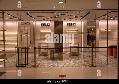 Moscow, Russia. 8th of March, 2022 A closed Fendi shop at the TsUM  Department Store in central Moscow. Stores of the luxury chains Gucci, Prada,  Louis Vuitton, Dior, David Yurman, Patek Philippe,