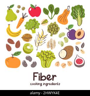 High fiber foods. Cooking ingredients collection. Fruit, vegetables, legumes, nuts. Healthy balanced diet. Stock Vector