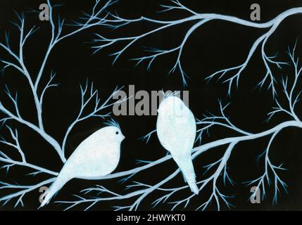 Two white birds and white branches on black background. Acrylic painting. Stock Photo