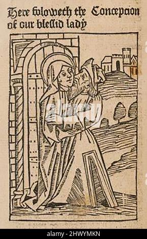 An unusual 15th century woodcut showing the  (conventional) conception of the Blessed Lady  or Virgin Mary by Joseph her husband; printed by William Caxton ( 1422-1491/92) in his translation of  'The Golden Legend' or  'Thus endeth the legende named in Latyn legenda aurea that is to saye in Englysshe the golden legende' by Jacobus, de Voragine, (Circa 1229-1298). Stock Photo