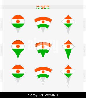 Niger flag, set of location pin icons of Niger flag. Vector illustration of national symbols. Stock Vector