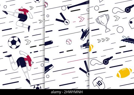 Set of seamless pattern from sport equipment and dynamics lines Stock Vector