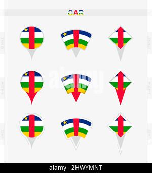Central African Republic flag, set of location pin icons of Central African Republic flag. Vector illustration of national symbols. Stock Vector