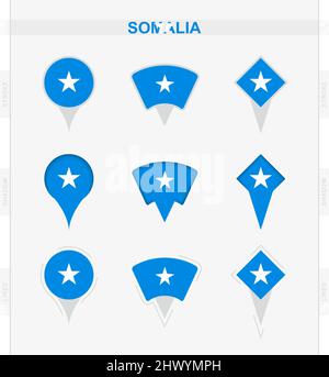 Somalia flag, set of location pin icons of Somalia flag. Vector illustration of national symbols. Stock Vector