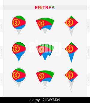 Eritrea flag, set of location pin icons of Eritrea flag. Vector illustration of national symbols. Stock Vector