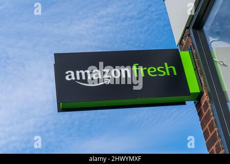 8 March 2022. Amazon Fresh signage  in Richmond, London Stock Photo