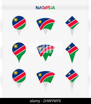Namibia flag, set of location pin icons of Namibia flag. Vector illustration of national symbols. Stock Vector