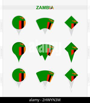 Zambia flag, set of location pin icons of Zambia flag. Vector illustration of national symbols. Stock Vector