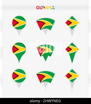 Guyana flag, set of location pin icons of Guyana flag. Vector illustration of national symbols. Stock Vector