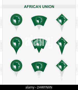 African Union flag, set of location pin icons of African Union flag. Vector illustration of national symbols. Stock Vector