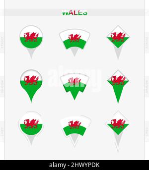 Wales flag, set of location pin icons of Wales flag. Vector illustration of national symbols. Stock Vector