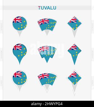 Tuvalu flag, set of location pin icons of Tuvalu flag. Vector illustration of national symbols. Stock Vector