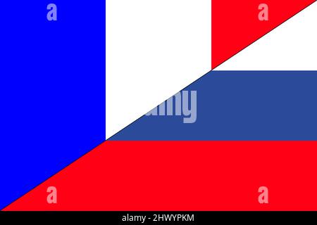 Conflict between Russia and France war concept. Russian flag and France flag background. Horizontal design. Illustration. Map. Stock Photo